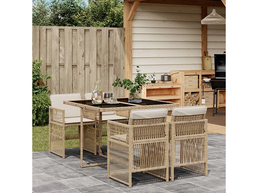 Ensemble à manger de jardin avec coussins 5 pièces Beige poly rotin