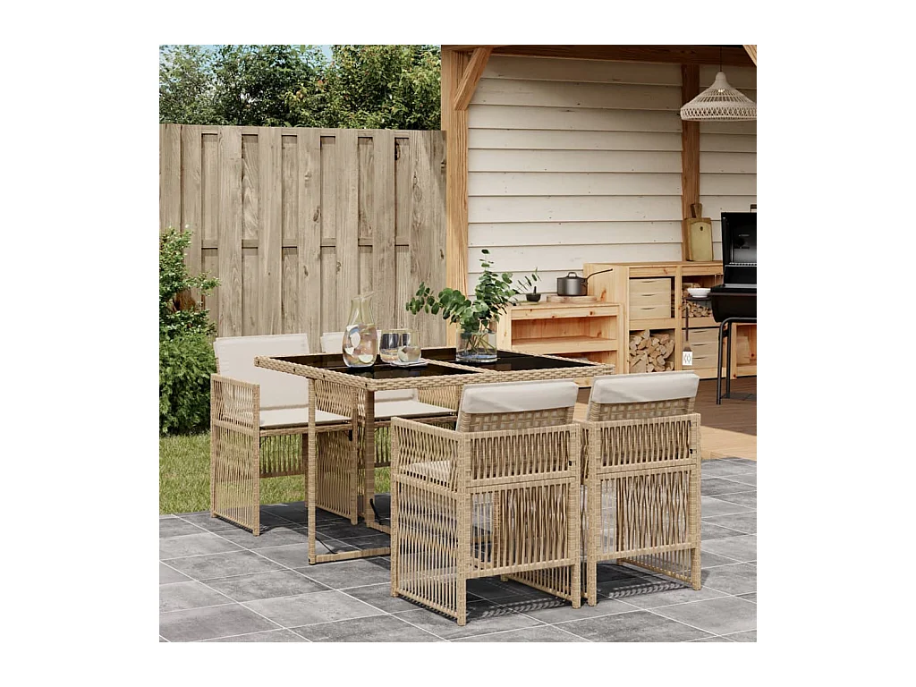 Ensemble à manger de jardin avec coussins 5 pièces Beige poly rotin