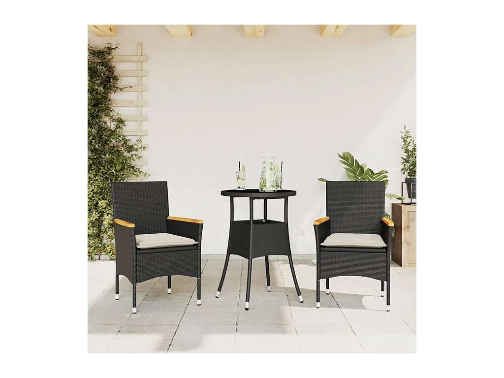 Ensemble à manger de jardin et coussins 3 pièces noir rotin verre