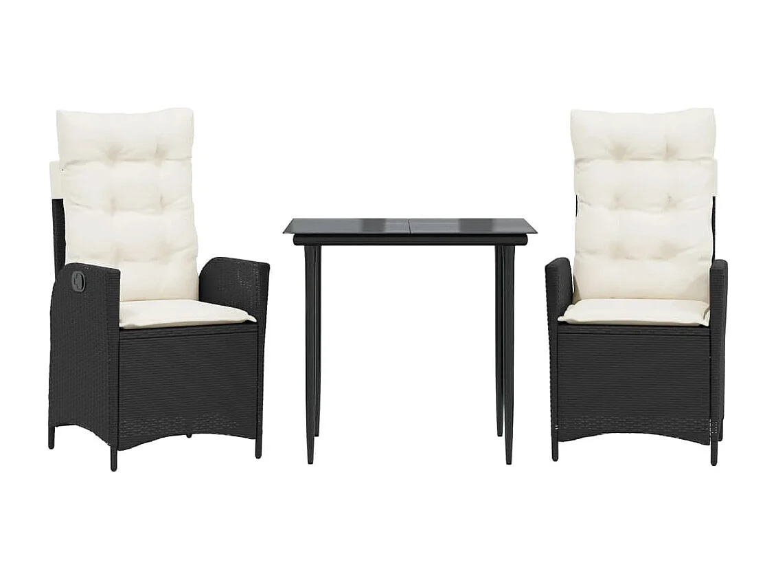 3 peças conjunto de jantar para jardim com almofadões vime PE preto