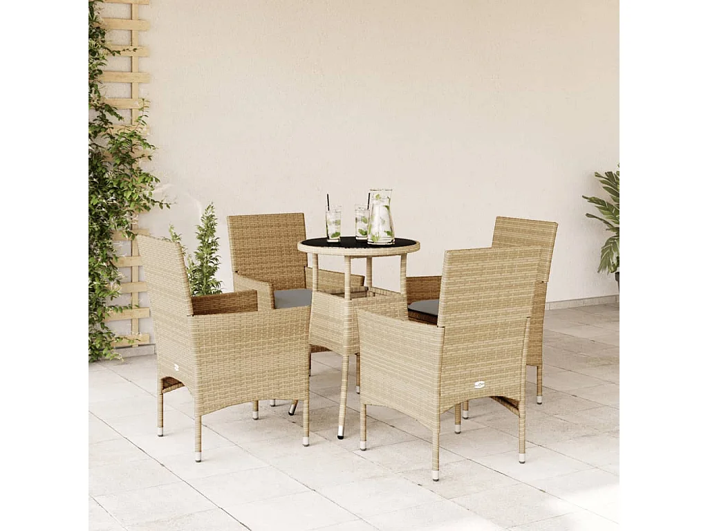Ensemble à manger de jardin et coussins 5 pièces beige rotin verre