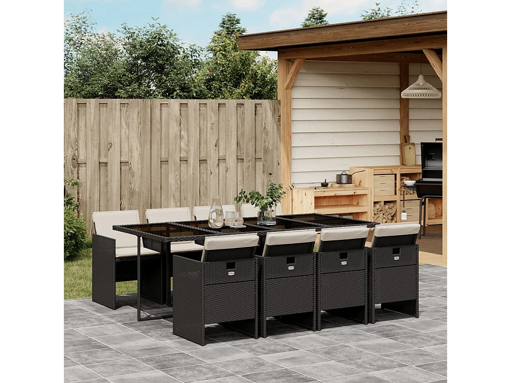 9 peças conjunto de jantar para jardim com almofadões vime PE preto