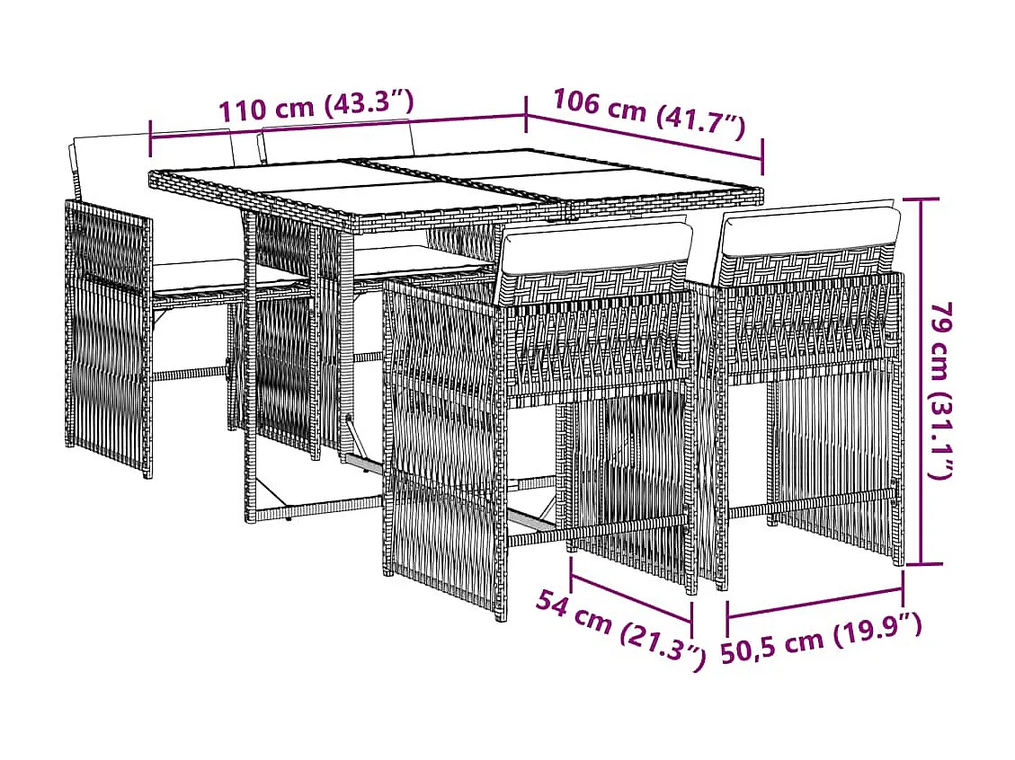Set comedor de jardín 5 piezas con cojines ratán sintético gris