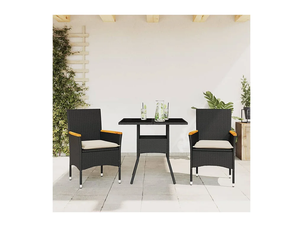 Set comedor jardín 3 piezas cojines ratán sintético vidrio negro