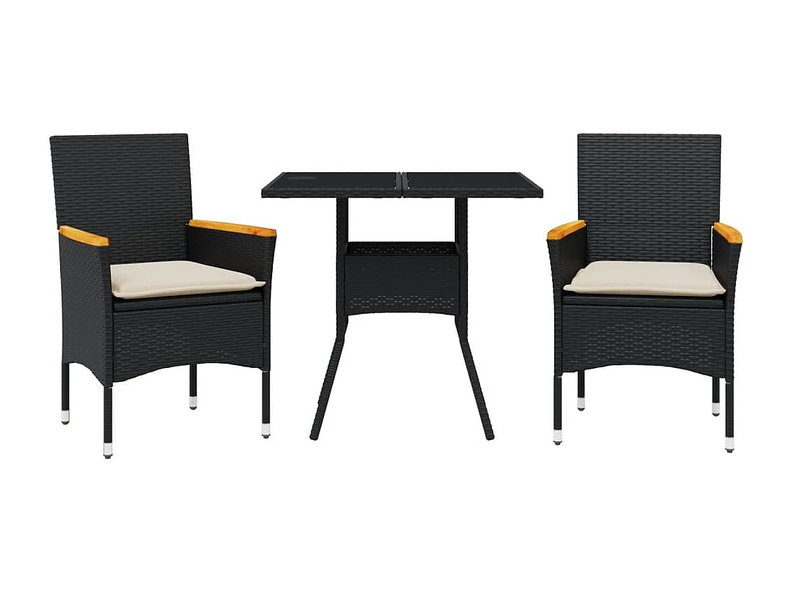 Set comedor jardín 3 piezas cojines ratán sintético vidrio negro
