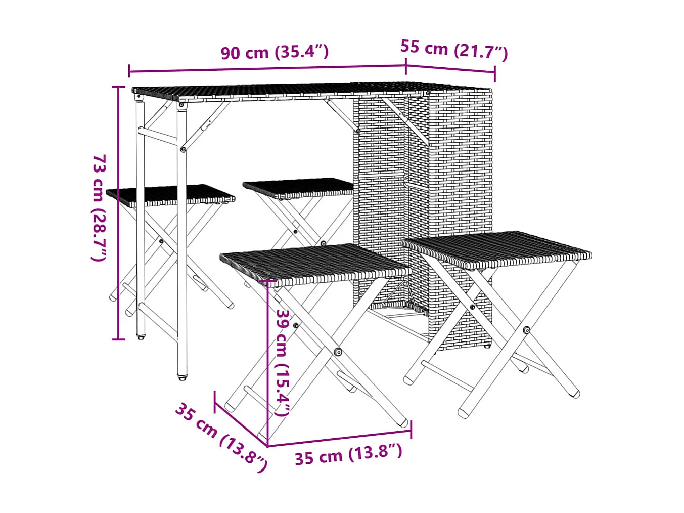 Ensemble à manger de jardin 5 pièces pliable noir résine tressée