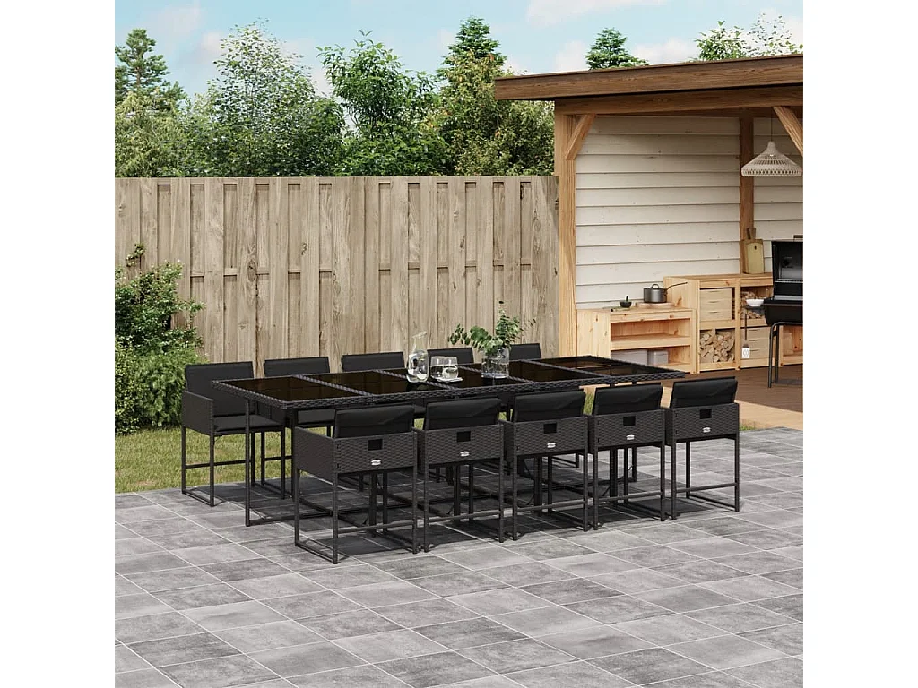 Set de comedor jardín 11 piezas con cojines ratán sintético negro