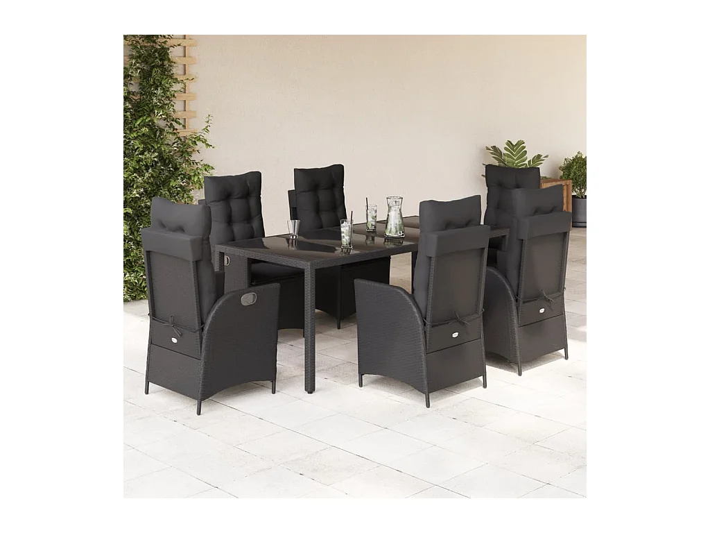Ensemble à manger de jardin coussins 7 pièces Noir Résine tressée