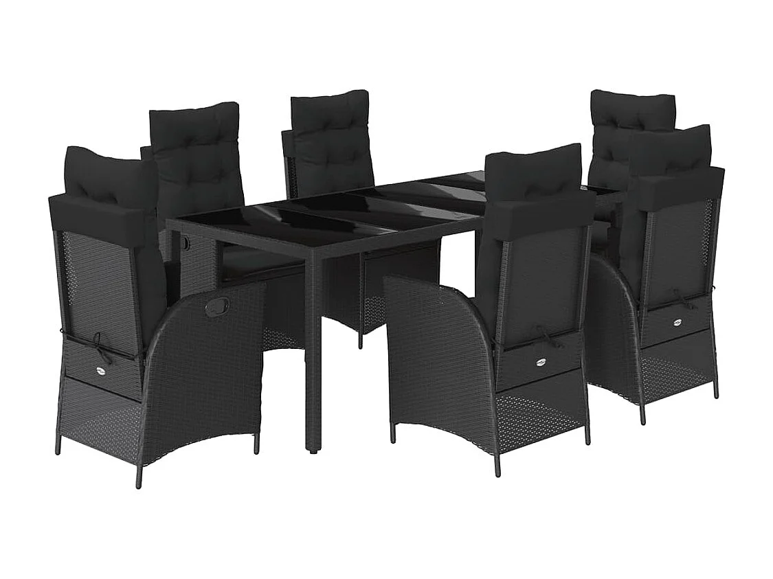 Set de comedor de jardín 7 piezas y cojines ratán sintético negro
