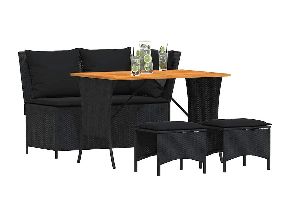 4 peças conjunto de jardim para jardim com almofadões vime PE preto