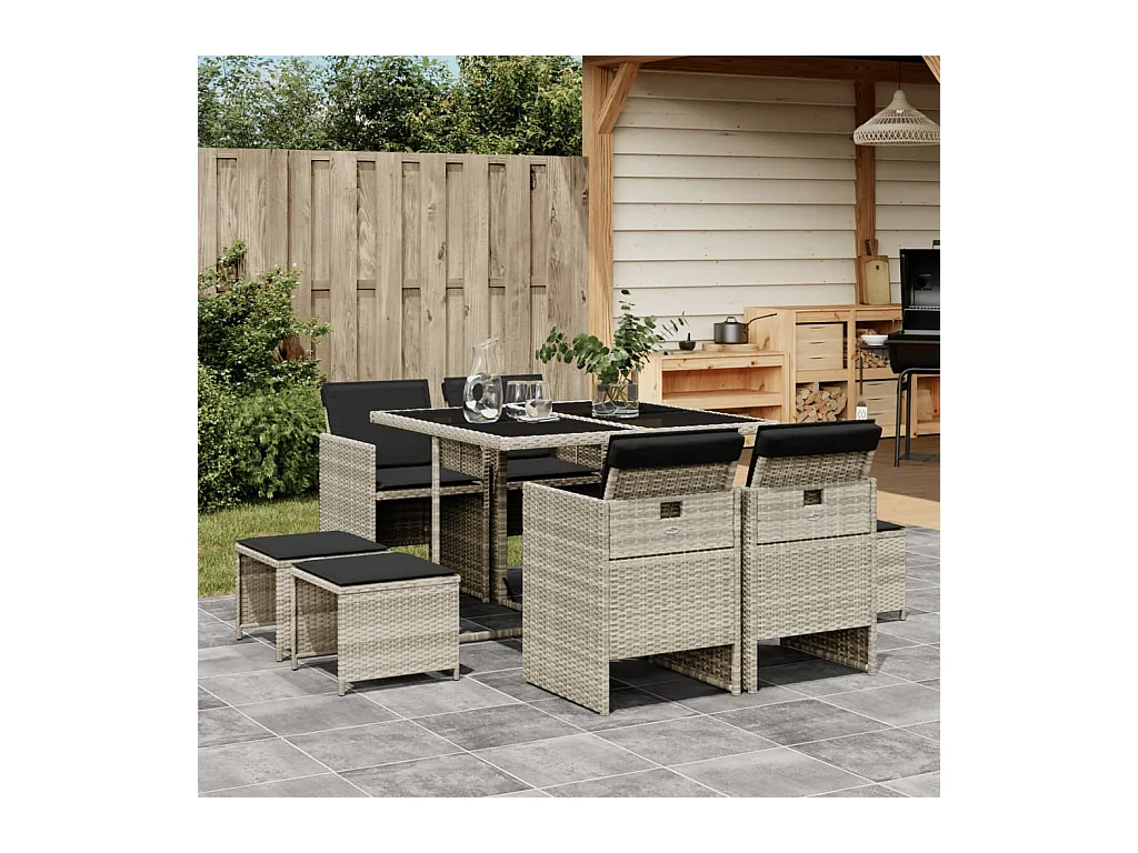 Ensemble à manger de jardin et coussins 9 pièces gris clair rotin