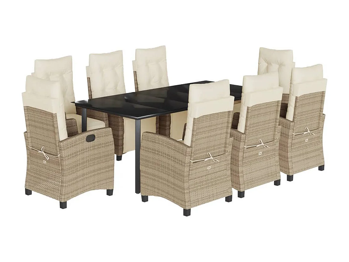 Ensemble à manger de jardin et coussins 9 pièces beige Poly rotin
