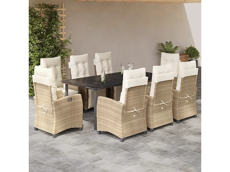 Ensemble à manger de jardin et coussins 9 pièces beige Poly rotin