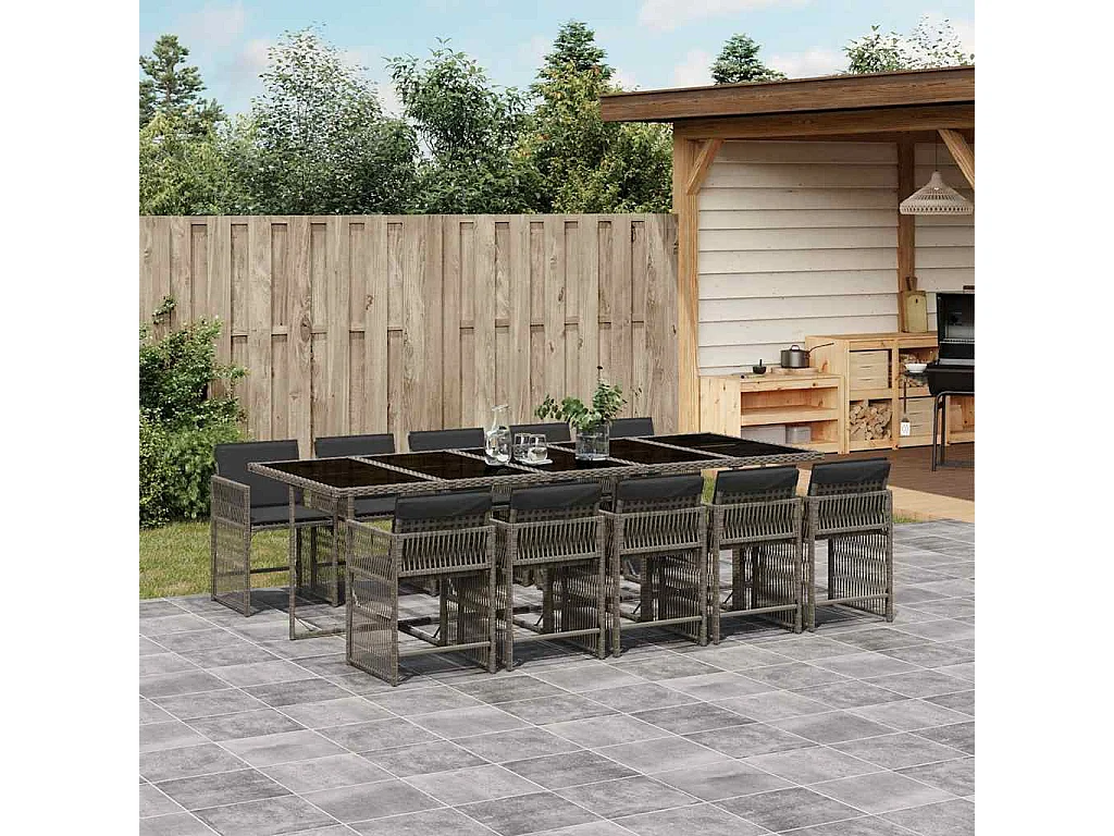 Set de comedor de jardín 11 piezas y cojines ratán sintético gris
