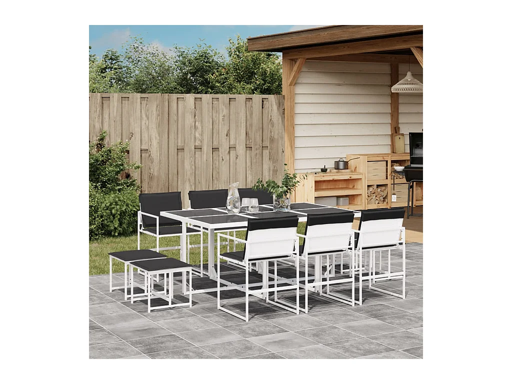 Ensemble à manger de jardin avec coussins 11 pièces blanc textilène