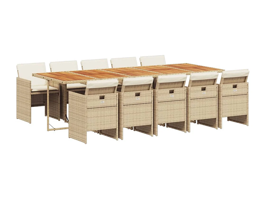 Ensemble à manger de jardin et coussins 11 pièces beige poly rotin