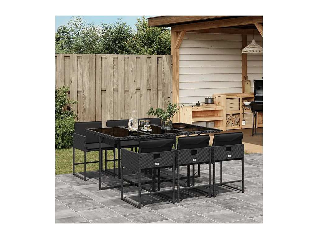 7 peças conjunto de jantar para jardim com almofadões vime PE preto
