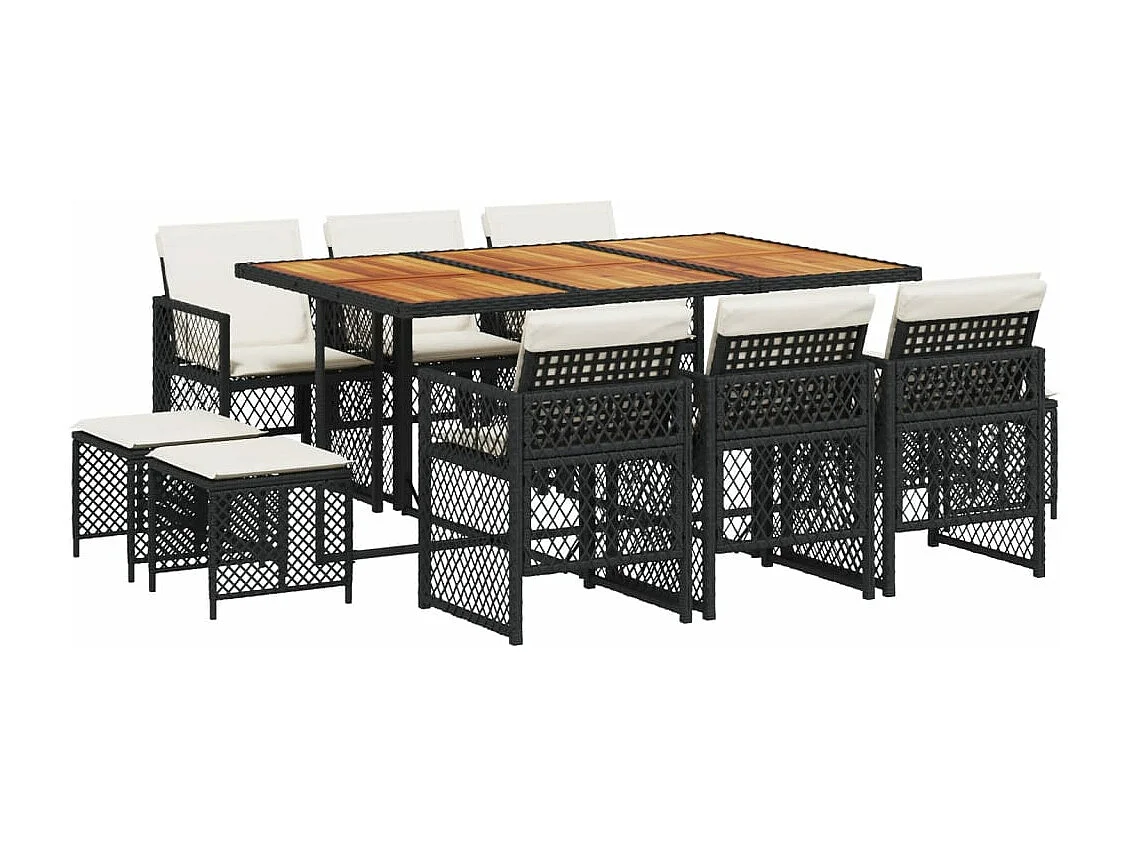 Set de comedor jardín 11 piezas con cojines ratán sintético negro