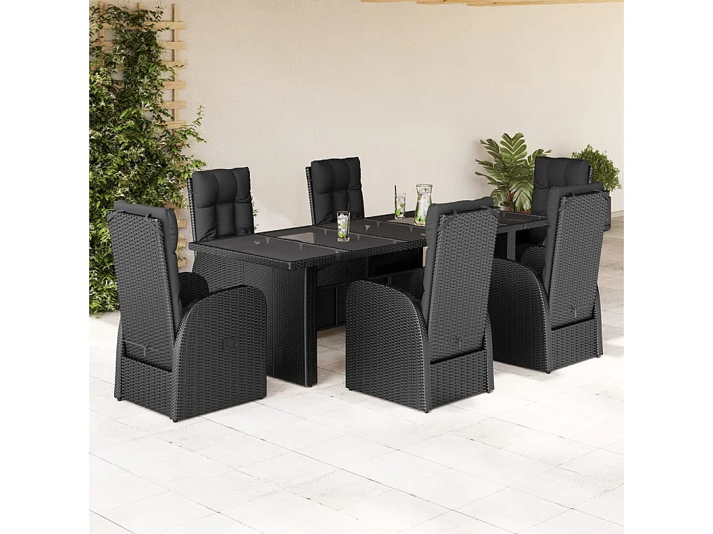 Ensemble à manger de jardin coussins 7 pièces noir résine tressée