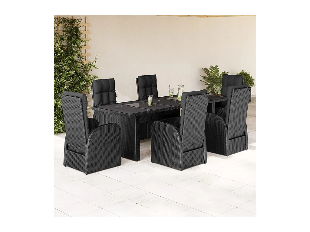 Set de comedor de jardín 7 piezas y cojines ratán sintético negro