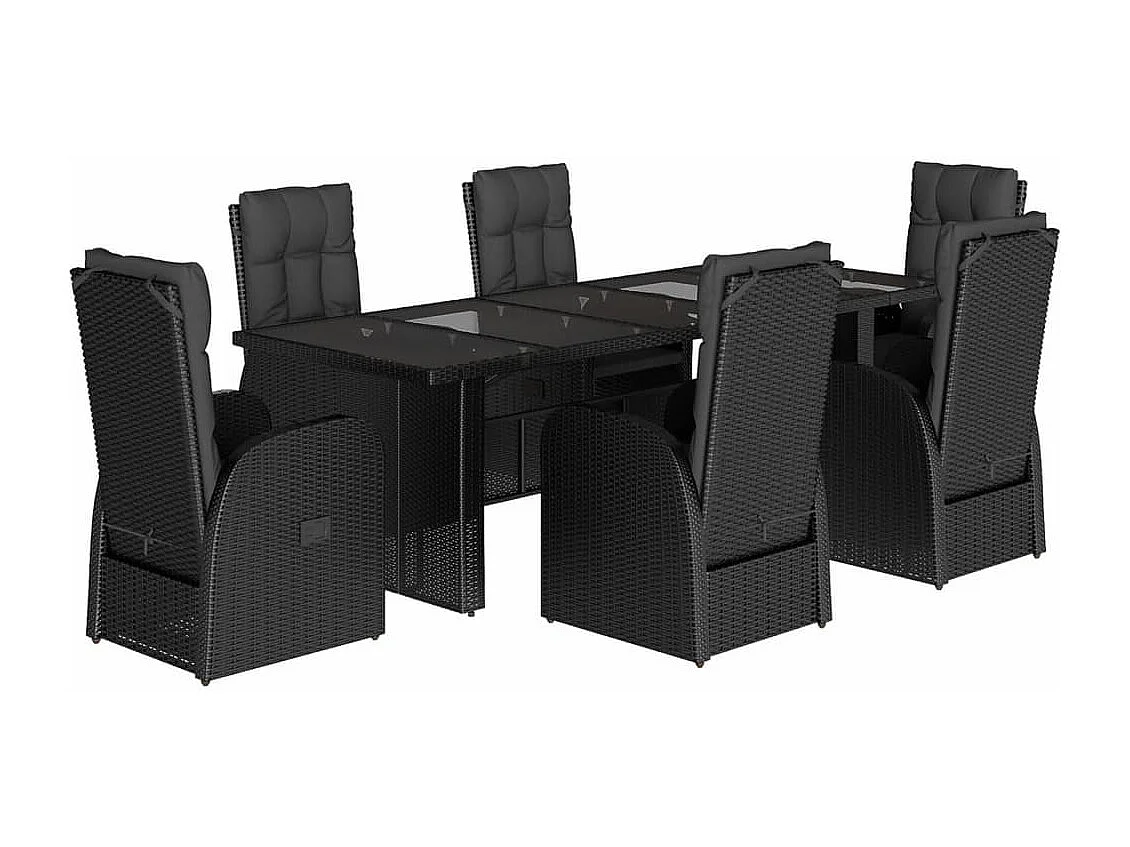 Set de comedor de jardín 7 piezas y cojines ratán sintético negro