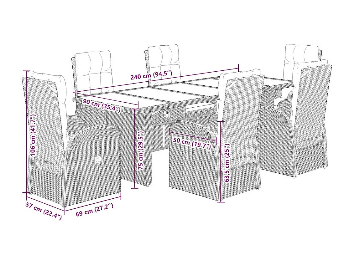 Set de comedor de jardín 7 piezas y cojines ratán sintético negro
