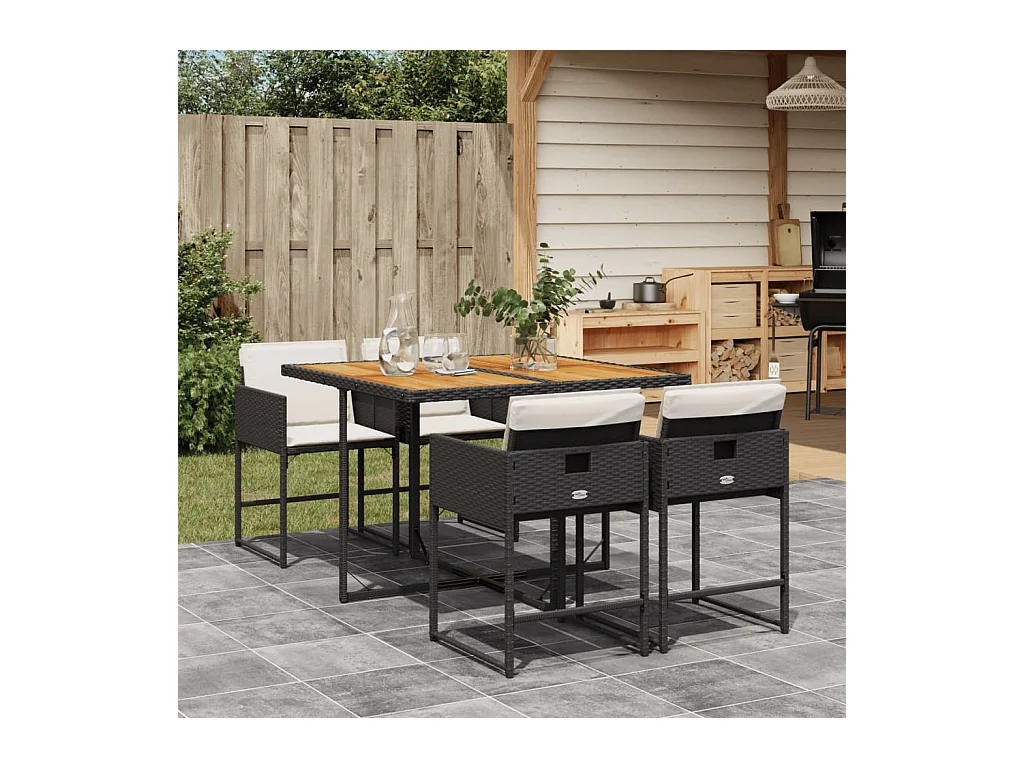 5 peças conjunto de jantar para jardim com almofadões vime PE preto