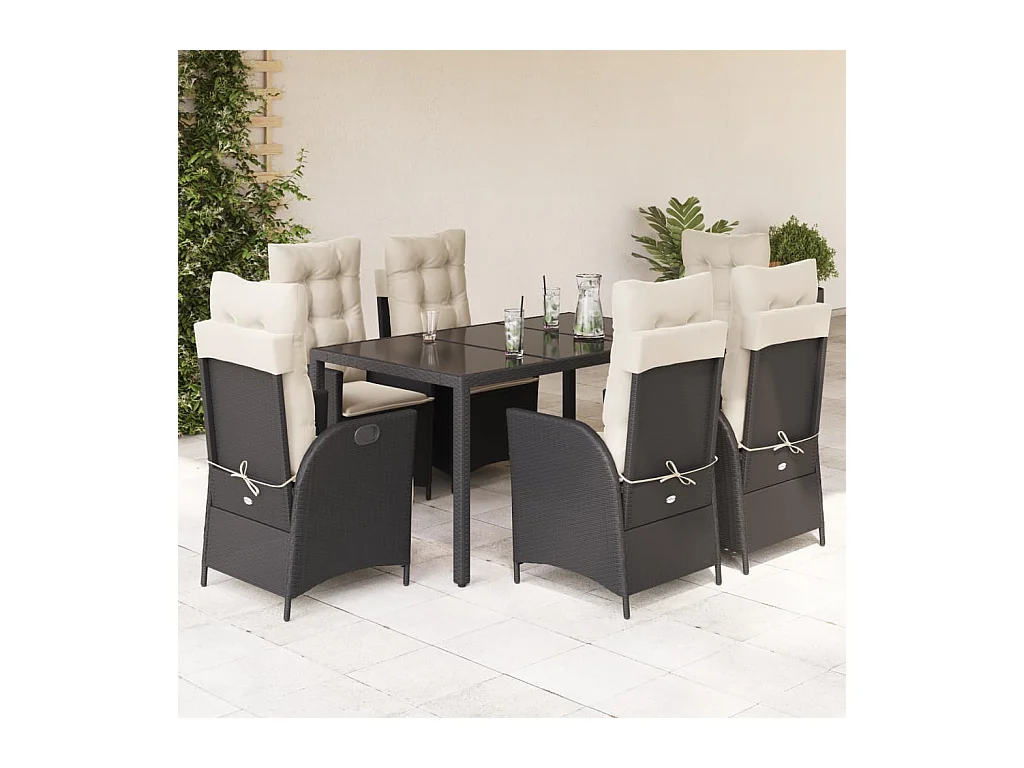 7 peças conjunto de jantar para jardim com almofadões vime PE preto