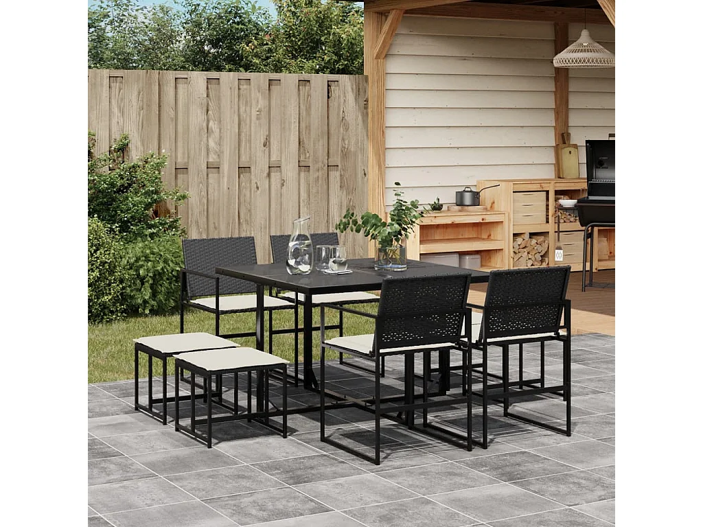 9 peças conjunto de jantar para jardim com almofadões vime PE preto