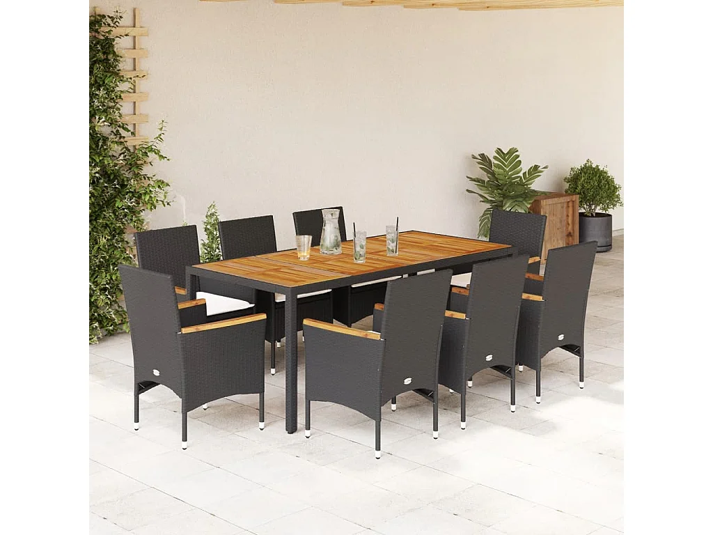 Ensemble à manger de jardin et coussins 9 pièces noir rotin acacia