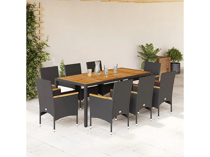 Ensemble à manger de jardin et coussins 9 pièces noir rotin acacia