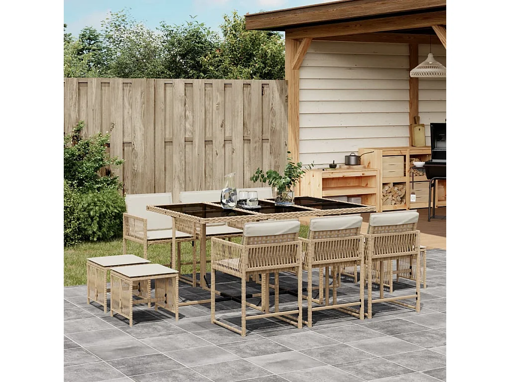 Ensemble à manger de jardin et coussins 11 pièces beige poly rotin