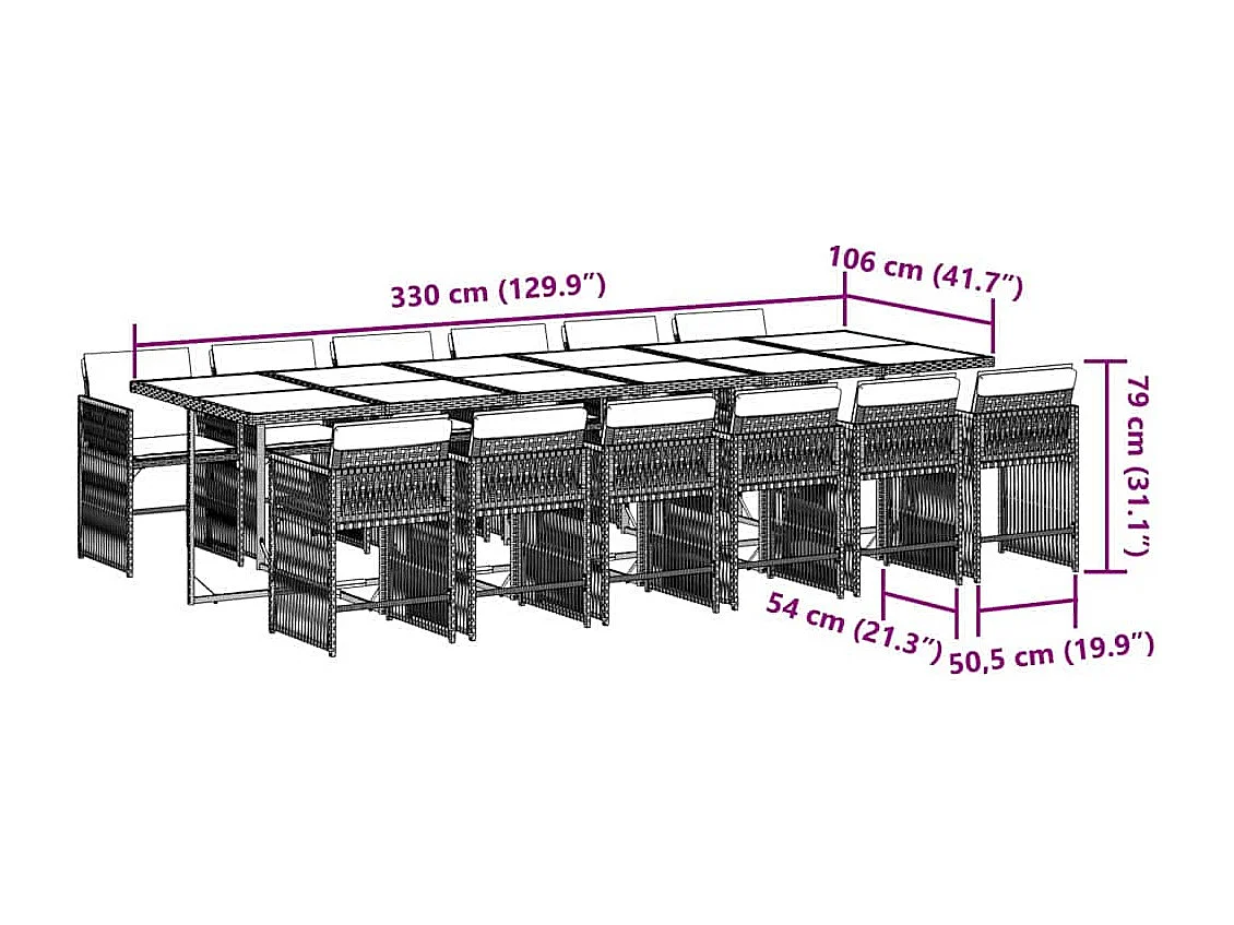 Ensemble à manger de jardin avec coussins 13 pièces marron rotin