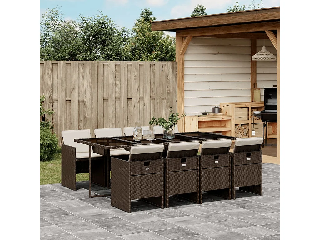 Ensemble à manger de jardin et coussins 9 pièces marron poly rotin