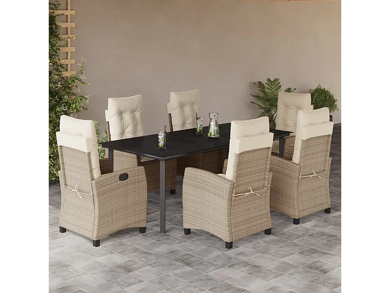 Ensemble à manger de jardin et coussins 7 pièces beige poly rotin