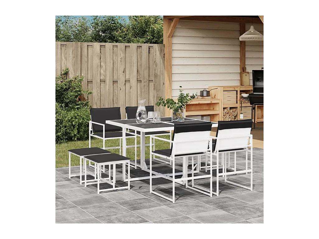 Ensemble à manger de jardin avec coussins 9 pièces blanc textilène
