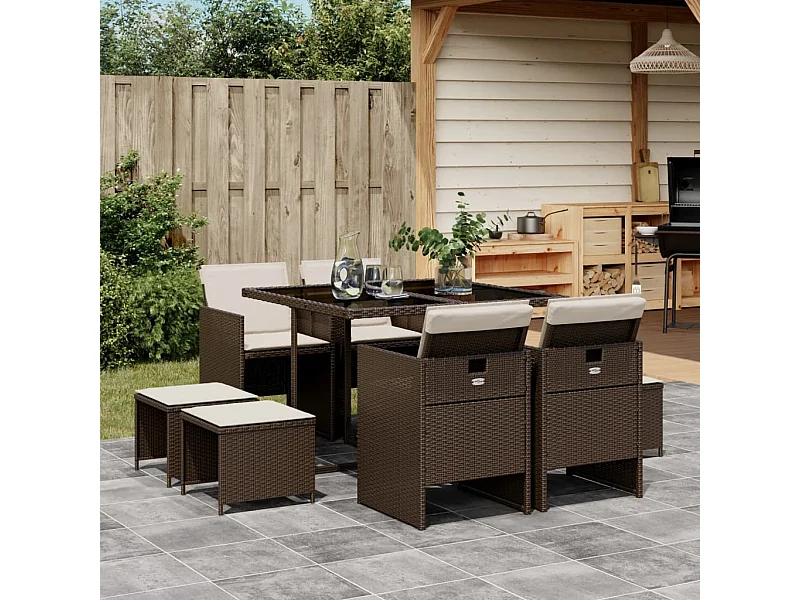 Ensemble à manger de jardin et coussins 9 pièces marron poly rotin