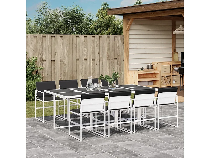 Ensemble à manger de jardin avec coussins 9 pièces blanc textilène