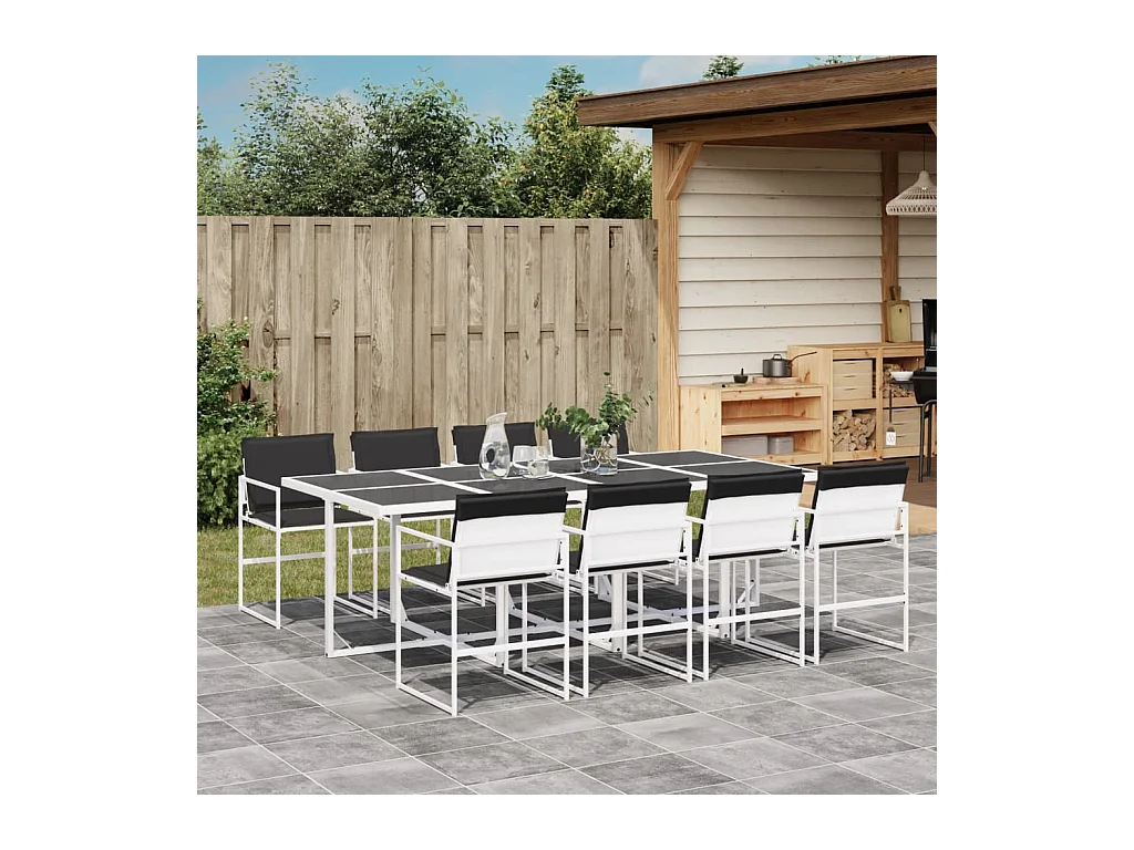 Ensemble à manger de jardin avec coussins 9 pièces blanc textilène