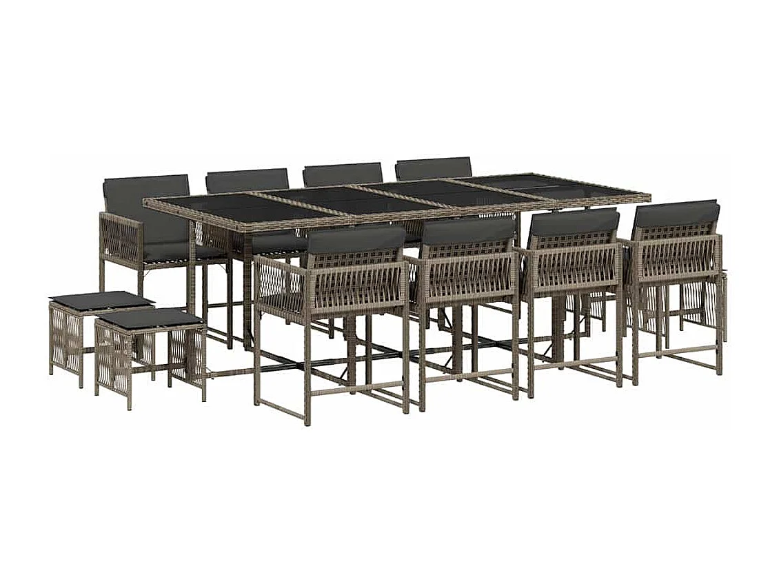Set comedor de jardín con cojines 13 piezas ratán sintético gris