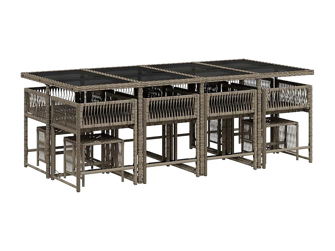 Set comedor de jardín con cojines 13 piezas ratán sintético gris