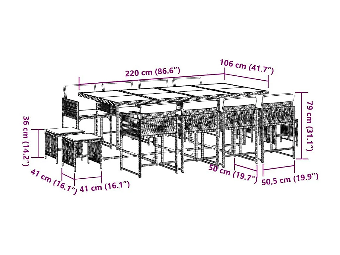 Set comedor de jardín con cojines 13 piezas ratán sintético gris