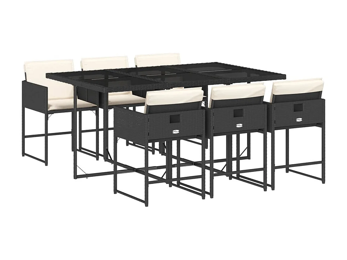 Set de comedor de jardín 7 piezas y cojines ratán sintético negro