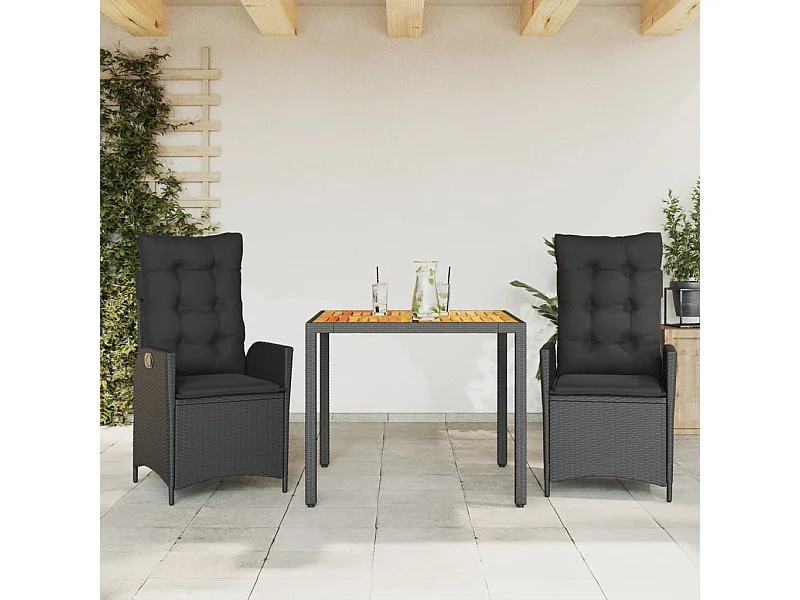 3 peças conjunto de jantar para jardim com almofadões vime PE preto