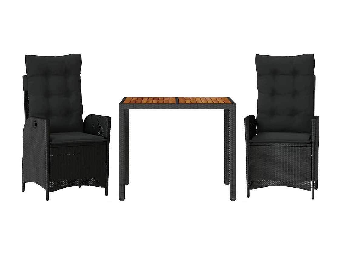 3 peças conjunto de jantar para jardim com almofadões vime PE preto