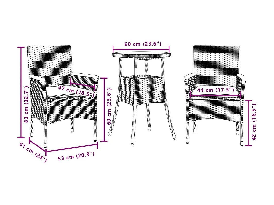 3 peças conjunto jantar jardim com almofadões vime PE/acácia preto