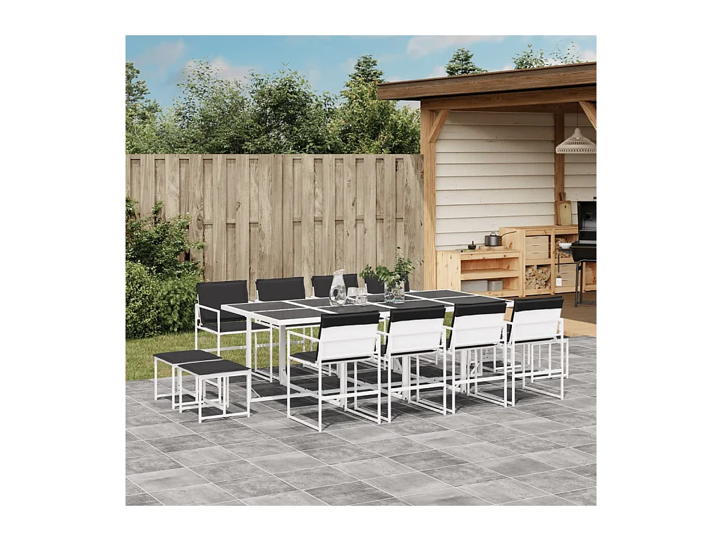 Ensemble à manger de jardin avec coussins 13 pièces blanc textilène
