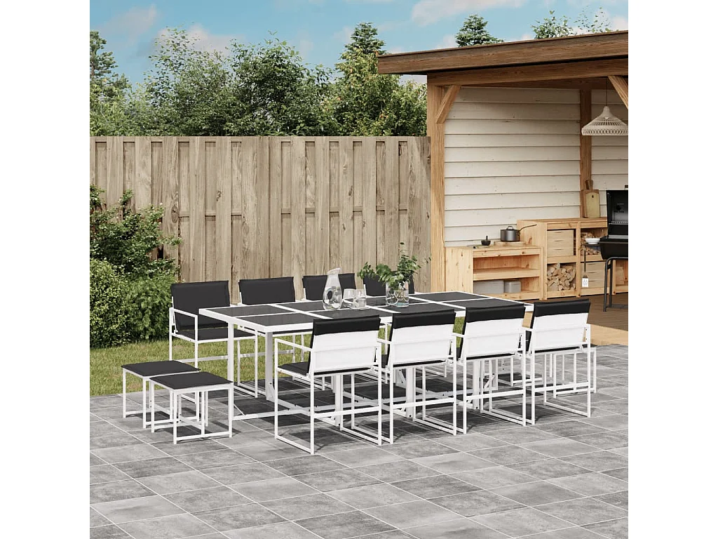 Ensemble à manger de jardin avec coussins 13 pièces blanc textilène