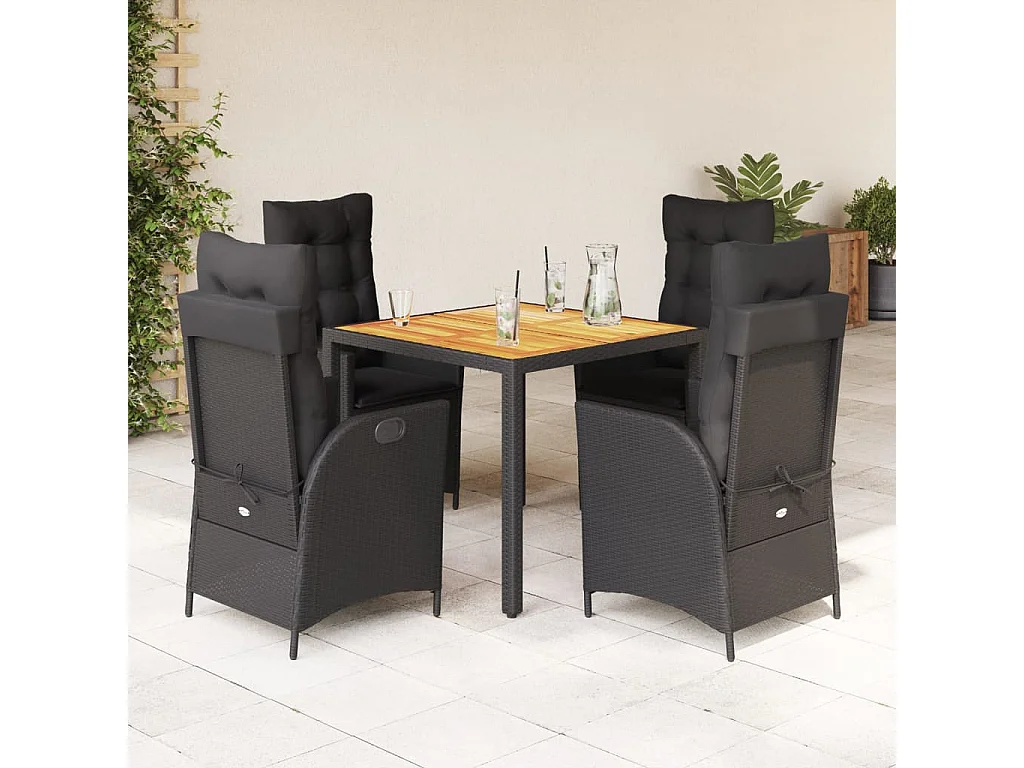 5 peças conjunto de jantar para jardim com almofadões vime PE preto