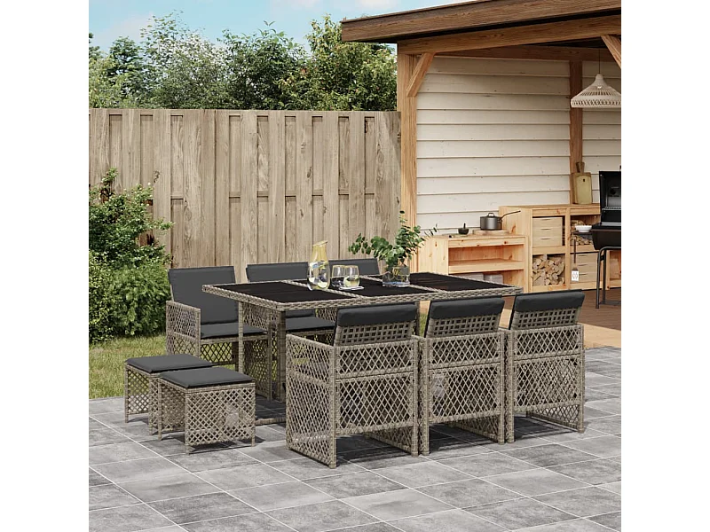 11-delige Tuinset met kussens poly rattan grijs